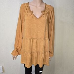 Wonderly Tiered Dress Size Xl Mustard Color Long Sleeve Washed Look Excellent